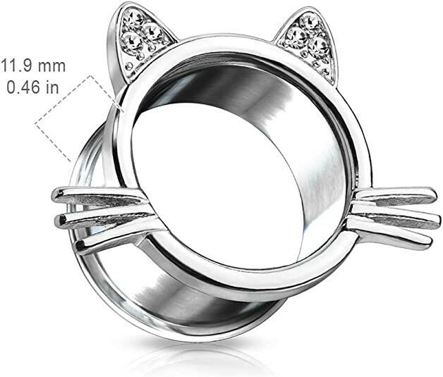 Surgical Steel Cat With Whiskers and Paved Gem Ears Double Flared Tunnels Plugs Impulse Piercings