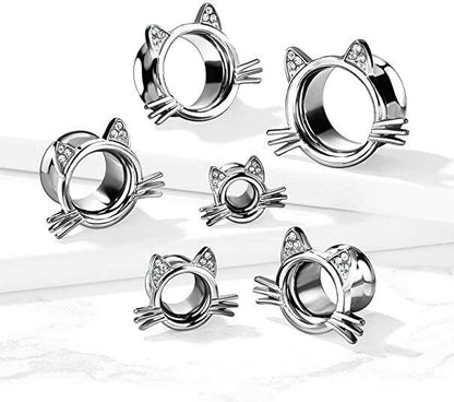 Surgical Steel Cat With Whiskers and Paved Gem Ears Double Flared Tunnels Plugs Impulse Piercings