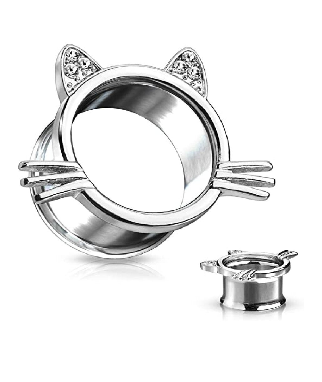 Surgical Steel Cat With Whiskers and Paved Gem Ears Double Flared Tunnels Plugs Impulse Piercings 2GA (6mm)