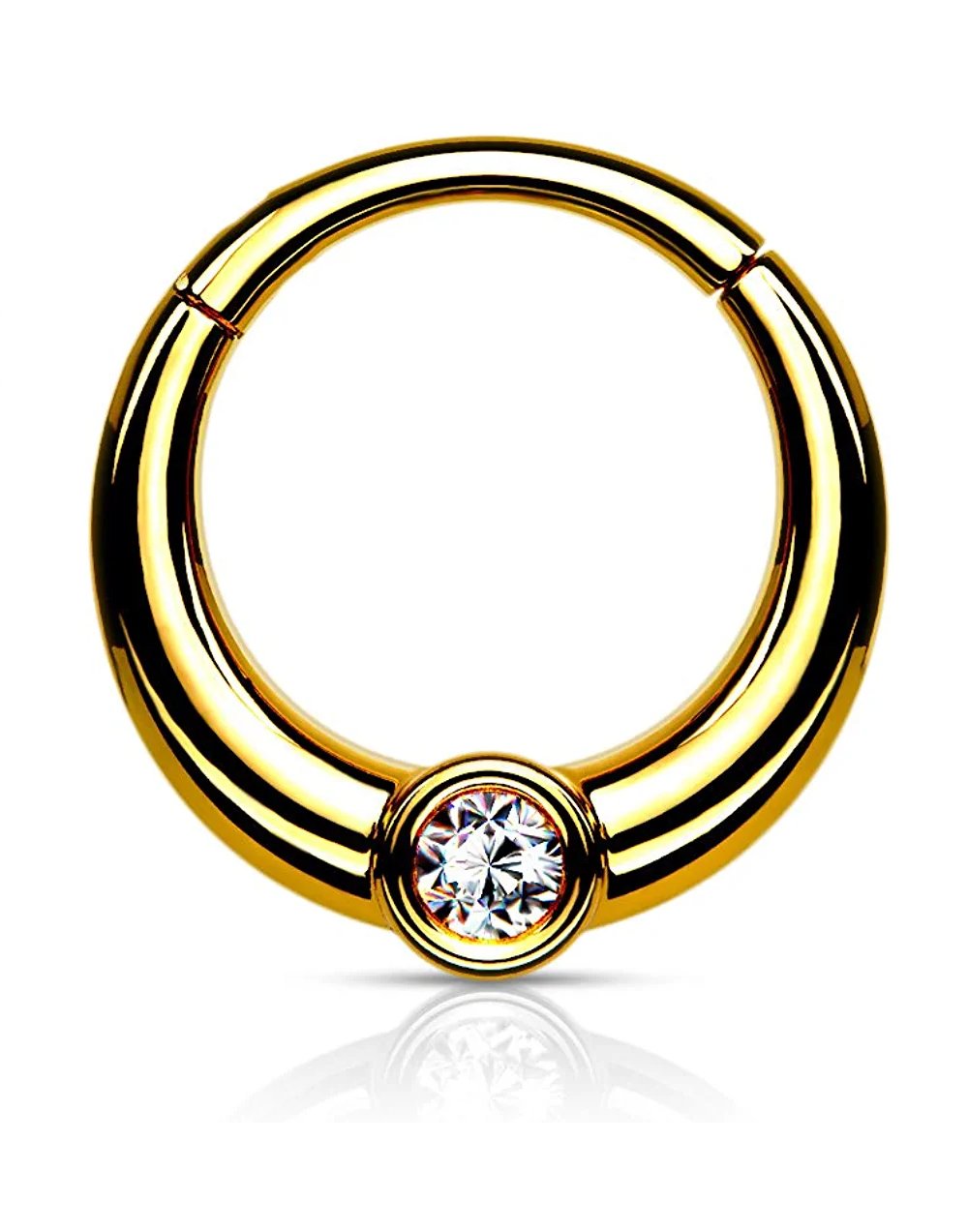 Surgical Steel Centered Front Facing CZ Hinged Segment Hoop Ring Nose Ring, cartilage ring Impulse Piercings Gold