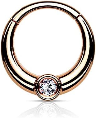 Surgical Steel Centered Front Facing CZ Hinged Segment Hoop Ring Nose Ring, cartilage ring Impulse Piercings Rose Gold