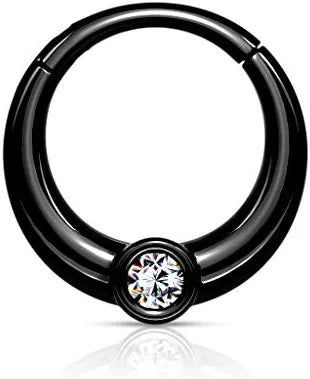 Surgical Steel Centered Front Facing CZ Hinged Segment Hoop Ring Nose Ring, cartilage ring Impulse Piercings Black