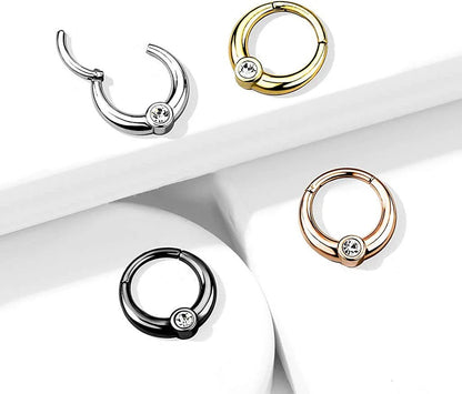 Surgical Steel Centered Front Facing CZ Hinged Segment Hoop Ring Nose Ring, cartilage ring Impulse Piercings