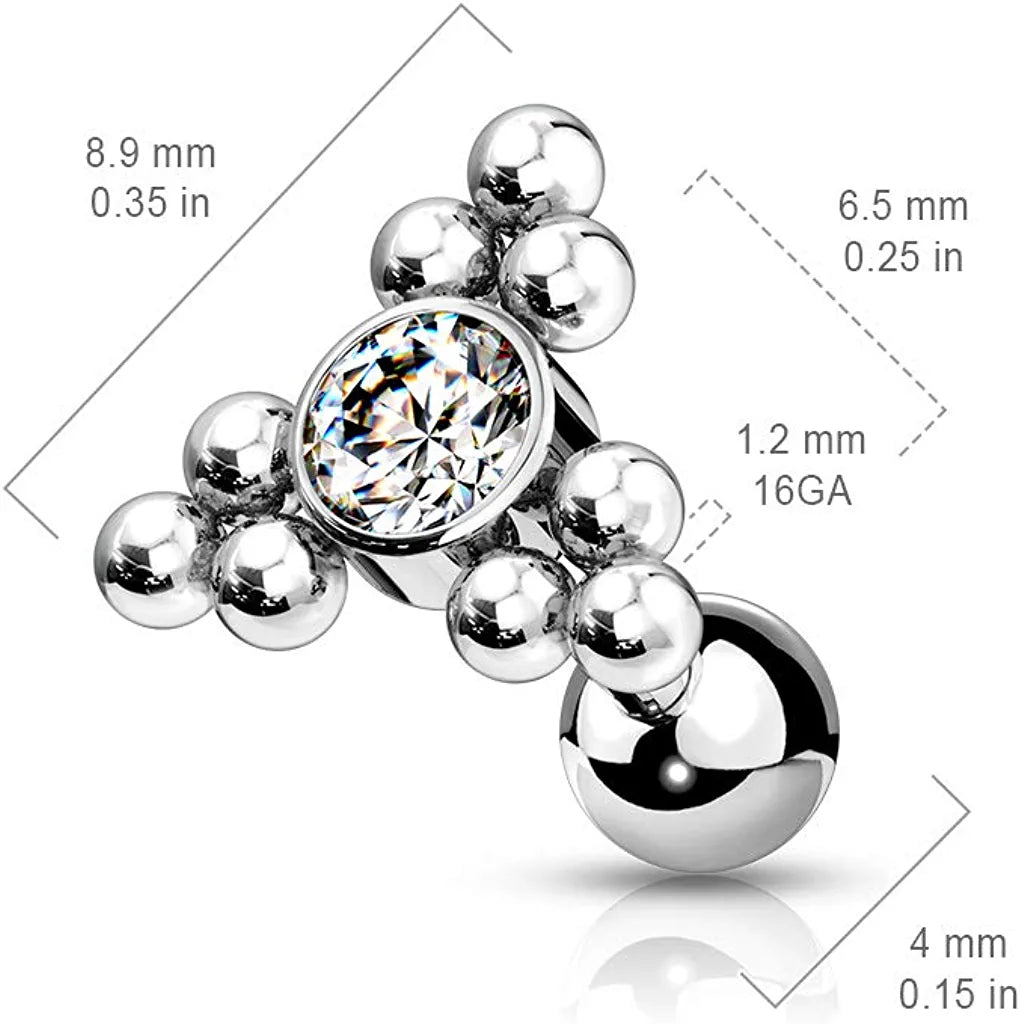 Surgical Steel Clear Gem Center Ball Cluster Triangle Top Cartilage Barbell Stud Barbell Impulse Piercings