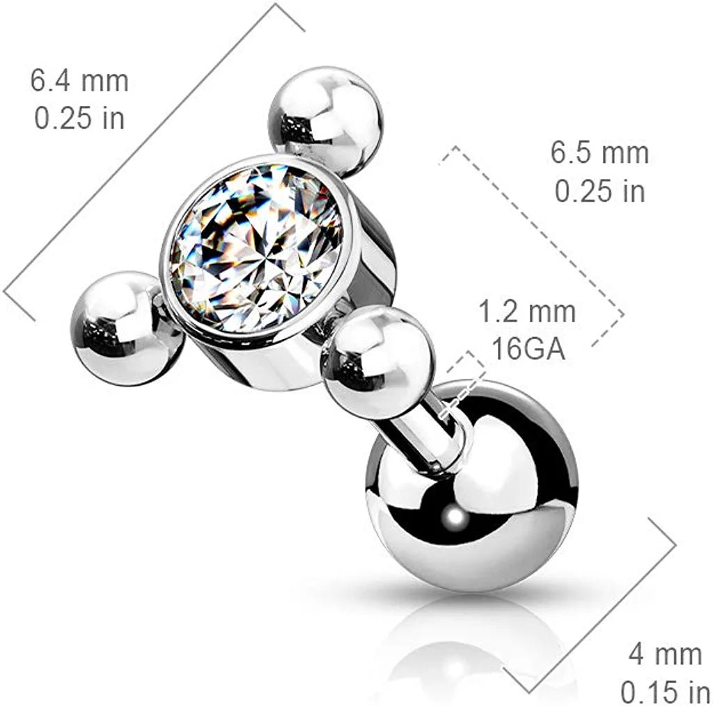 Surgical Steel Clear Gem Center with 3-Ball Triangle Top Cartilage Barbell Stud Barbell Impulse Piercings