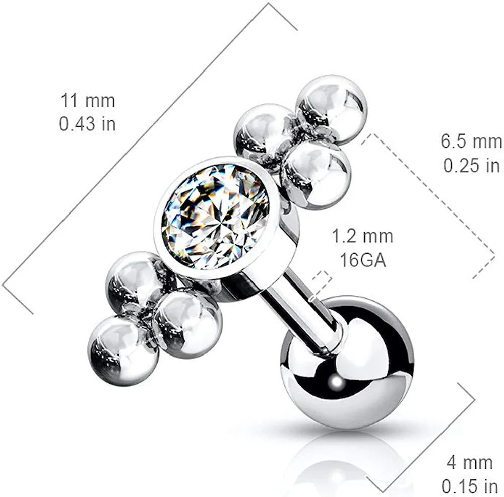 Surgical Steel Clear Gem Center with Ball Triangle Sides Top Cartilage Barbell Stud Barbell Impulse Piercings