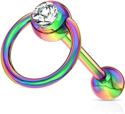 Surgical Steel Clear Gem with Slave Ring PVD over Barbell Tongue Rings Tongue Rings Impulse Piercings Rainbow