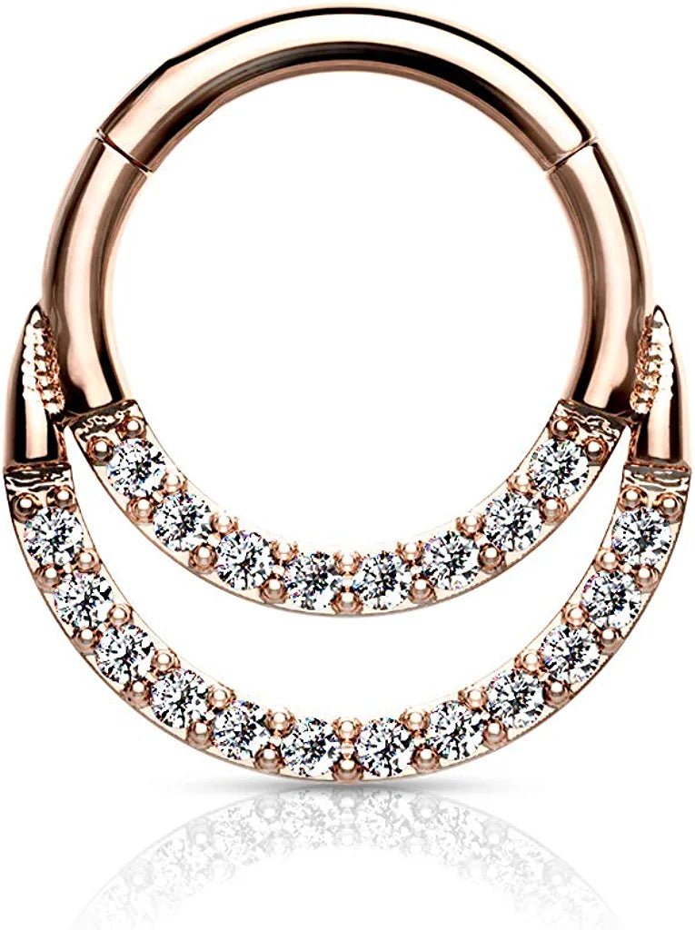 Surgical Steel CNC Double Lined CZ Hinged Segment Hoop Ring Nose Ring Impulse Piercings 16GA Length: 6mm Rose Gold