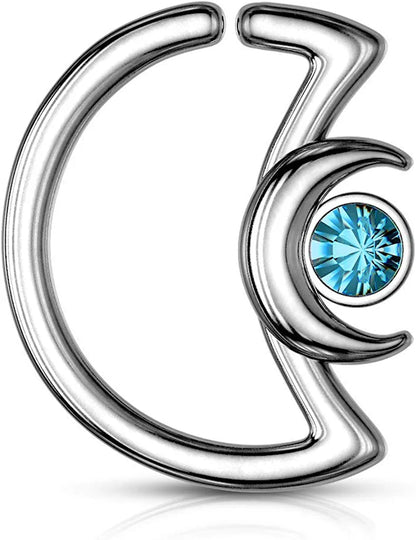 Surgical Steel Crescent Moon with Crystal on Crescent Moon Shape Ear Cartilage Daith Hoop Rings Cartilage Earring Impulse Piercings 18GA Length: 10mm Aqua