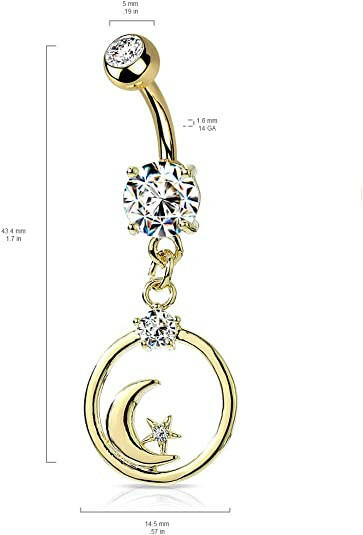 Surgical Steel Crescent Moon with CZ Star Dangle Encased in Circle Dangle Belly Navel Ring Navel Ring Impulse Piercings