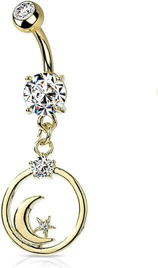 Surgical Steel Crescent Moon with CZ Star Dangle Encased in Circle Dangle Belly Navel Ring Navel Ring Impulse Piercings Gold