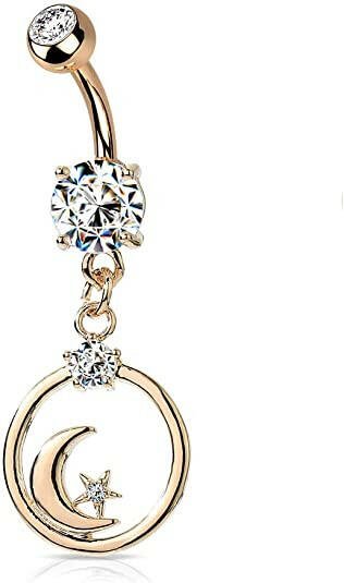 Surgical Steel Crescent Moon with CZ Star Dangle Encased in Circle Dangle Belly Navel Ring Navel Ring Impulse Piercings Rose Gold