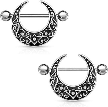 Surgical Steel Crescent Shaped Filigree Nipple Shield Rings Nipple Ring Impulse Piercings Silver