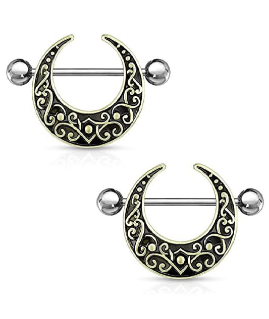 Surgical Steel Crescent Shaped Filigree Nipple Shield Rings Nipple Ring Impulse Piercings Gold