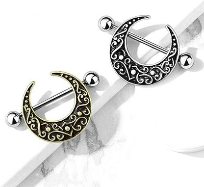 Surgical Steel Crescent Shaped Filigree Nipple Shield Rings Nipple Ring Impulse Piercings