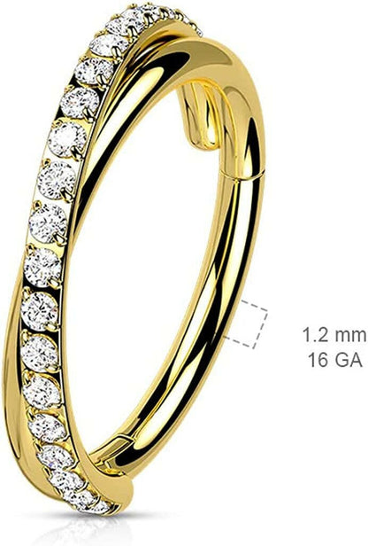 Surgical Steel Criss-Cross CZ Paved Lines Hinged Segment Ring Septum Ring Impulse Piercings