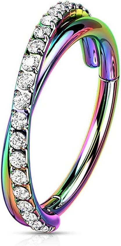 Surgical Steel Criss-Cross CZ Paved Lines Hinged Segment Ring Septum Ring Impulse Piercings 16GA Length: 8mm Rainbow