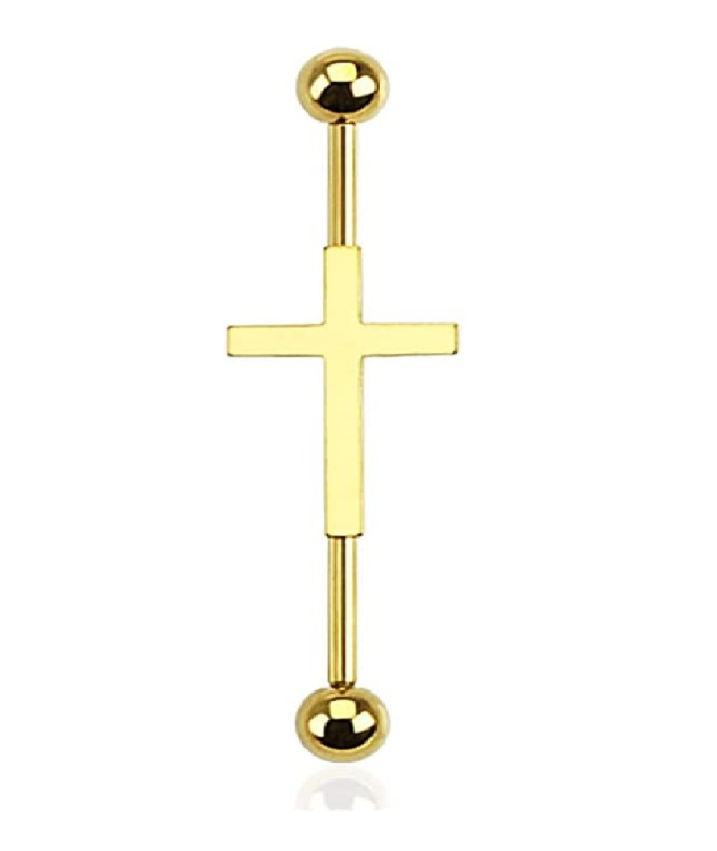 Surgical Steel Cross Centered Industrial Barbell Industrial Barbell Impulse Piercings Gold