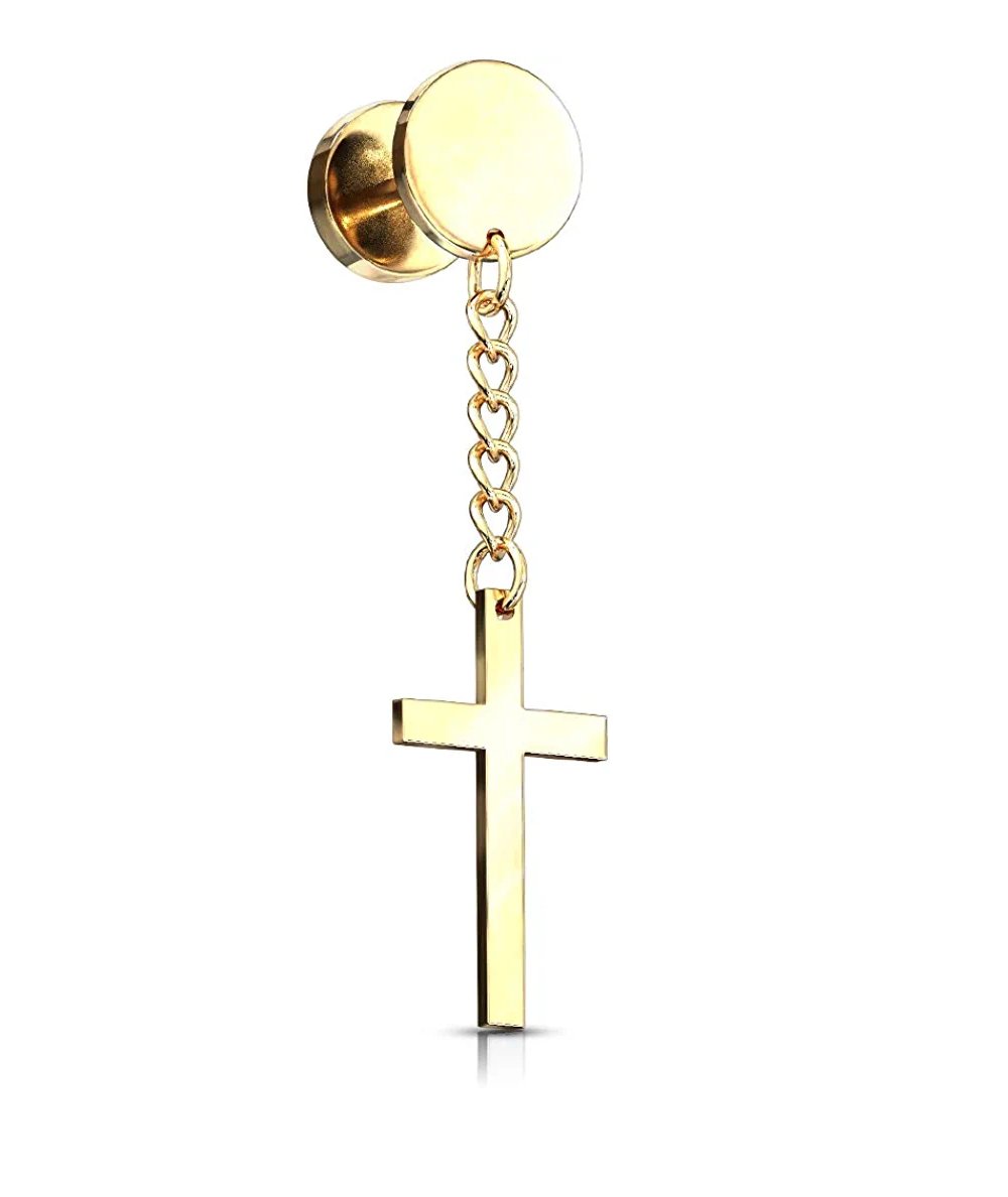 Surgical Steel Cross on Chain Dangle Fake Plugs Fake Plug Impulse Piercings Gold