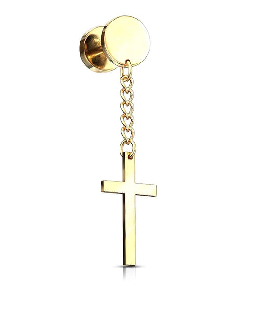 Surgical Steel Cross on Chain Dangle Fake Plugs Fake Plug Impulse Piercings Gold