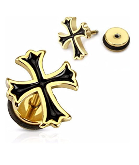 Surgical Steel Cross with Black Epoxy Fill Gold Fake Plugs Fake Plug Impulse Piercings