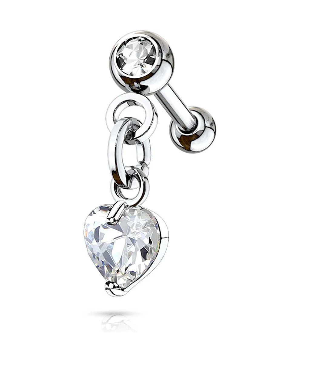 Surgical Steel Crystal Ball with Heart CZ Dangle CZ Ear Cartilage Tragus Barbell Studs Cartilage Earring Impulse Piercings Clear