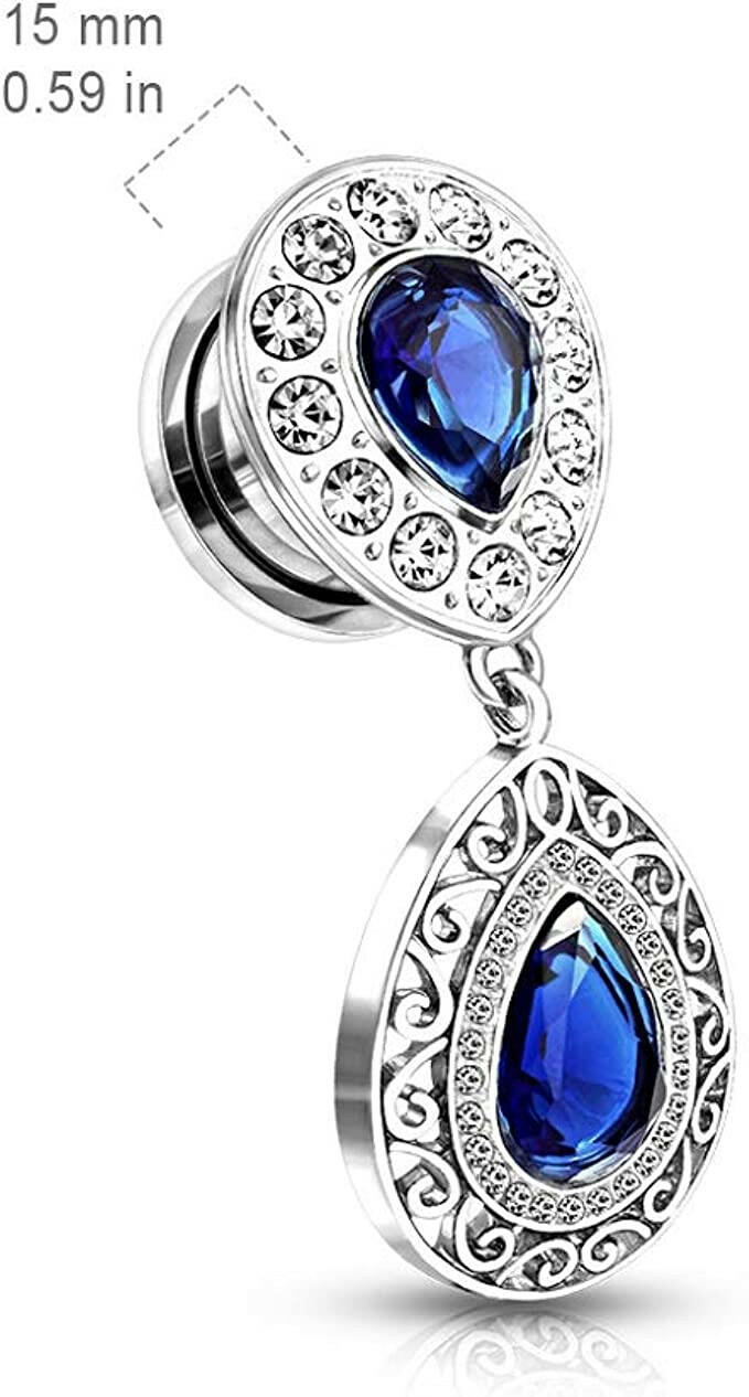 Surgical Steel Crystal Paved Blue CZ Center Upside Down Tear Drop with Blue CZ Filigree Tear Drop Dangle Screw Fit Flesh Tunnel Plugs Plugs Impulse Piercings