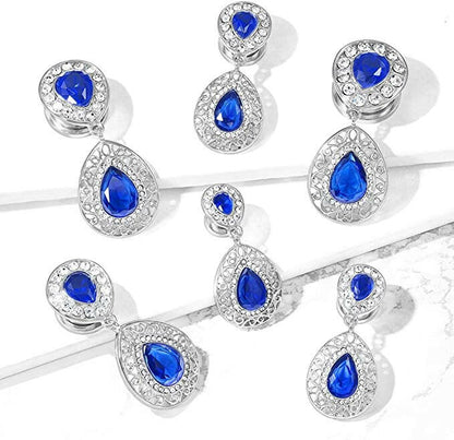 Surgical Steel Crystal Paved Blue CZ Center Upside Down Tear Drop with Blue CZ Filigree Tear Drop Dangle Screw Fit Flesh Tunnel Plugs Plugs Impulse Piercings