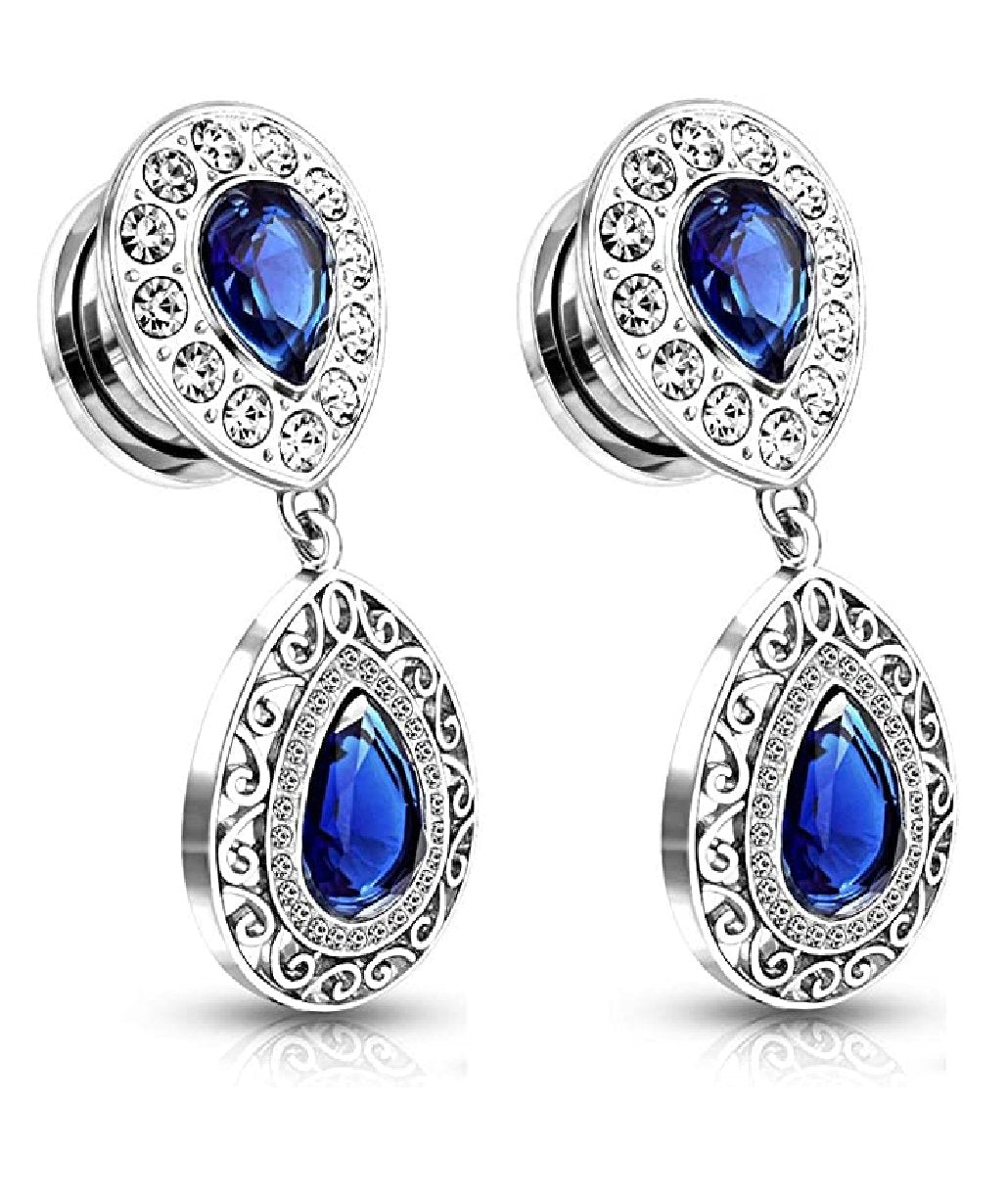 Surgical Steel Crystal Paved Blue CZ Center Upside Down Tear Drop with Blue CZ Filigree Tear Drop Dangle Screw Fit Flesh Tunnel Plugs Plugs Impulse Piercings 2GA (6mm)