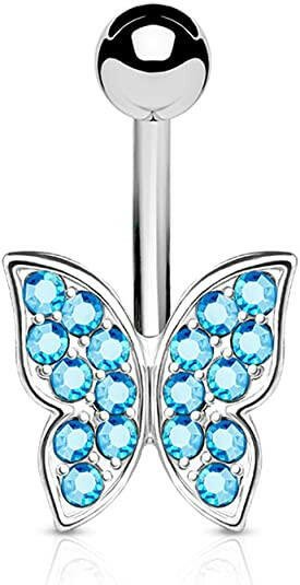 Surgical Steel Crystal Paved Butterfly Belly Navel Ring Navel Ring Impulse Piercings Aqua