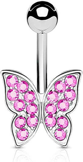 Surgical Steel Crystal Paved Butterfly Belly Navel Ring Navel Ring Impulse Piercings Pink