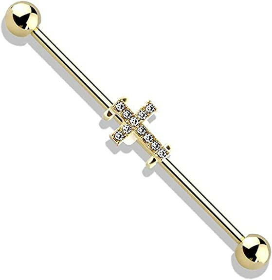 Surgical Steel Crystal Paved Cross Industrial Barbell Industrial Barbell Impulse Piercings Gold