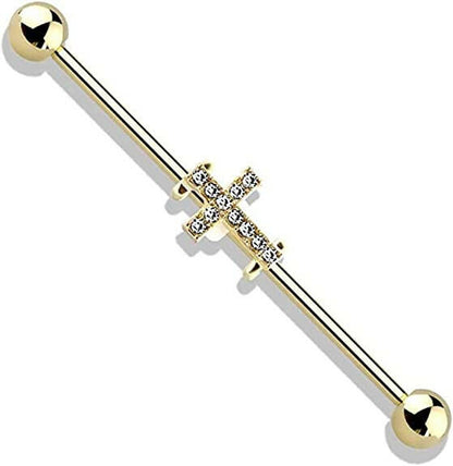 Surgical Steel Crystal Paved Cross Industrial Barbell Industrial Barbell Impulse Piercings Gold