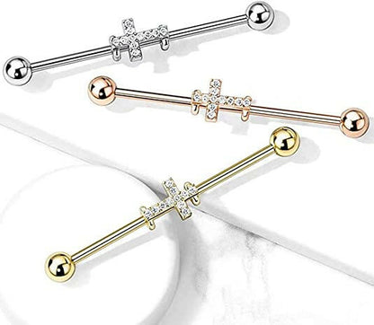 Surgical Steel Crystal Paved Cross Industrial Barbell Industrial Barbell Impulse Piercings