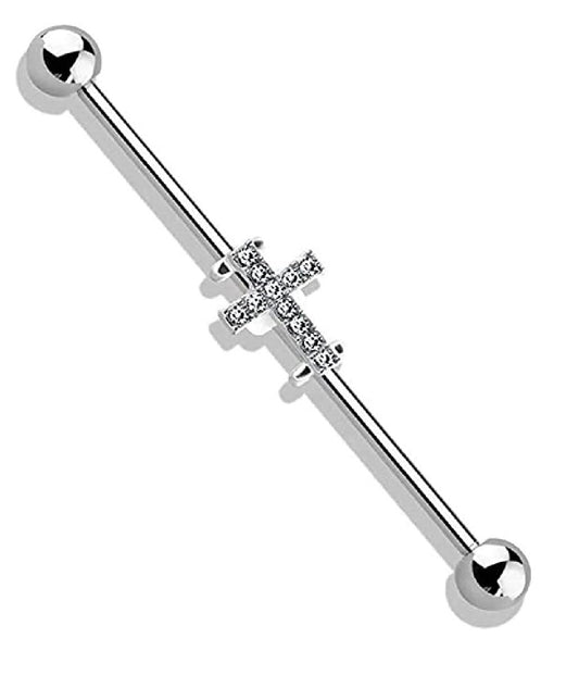 Surgical Steel Crystal Paved Cross Industrial Barbell Industrial Barbell Impulse Piercings Clear