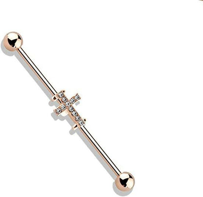 Surgical Steel Crystal Paved Cross Industrial Barbell Industrial Barbell Impulse Piercings Rose Gold