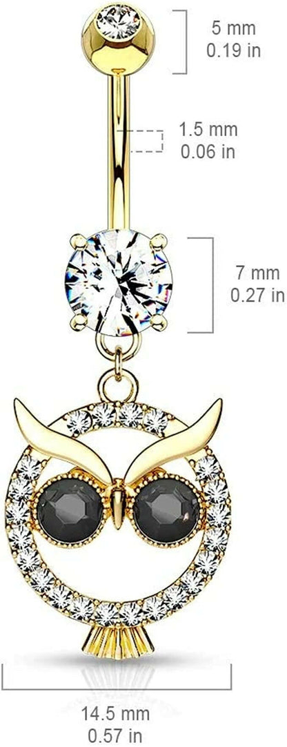 Surgical Steel Crystal Paved Owl with Black Crystal Eyes Dangle Belly Navel Ring Navel Ring Impulse Piercings