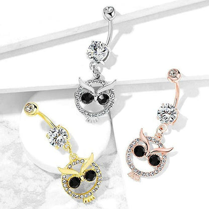 Surgical Steel Crystal Paved Owl with Black Crystal Eyes Dangle Belly Navel Ring Navel Ring Impulse Piercings