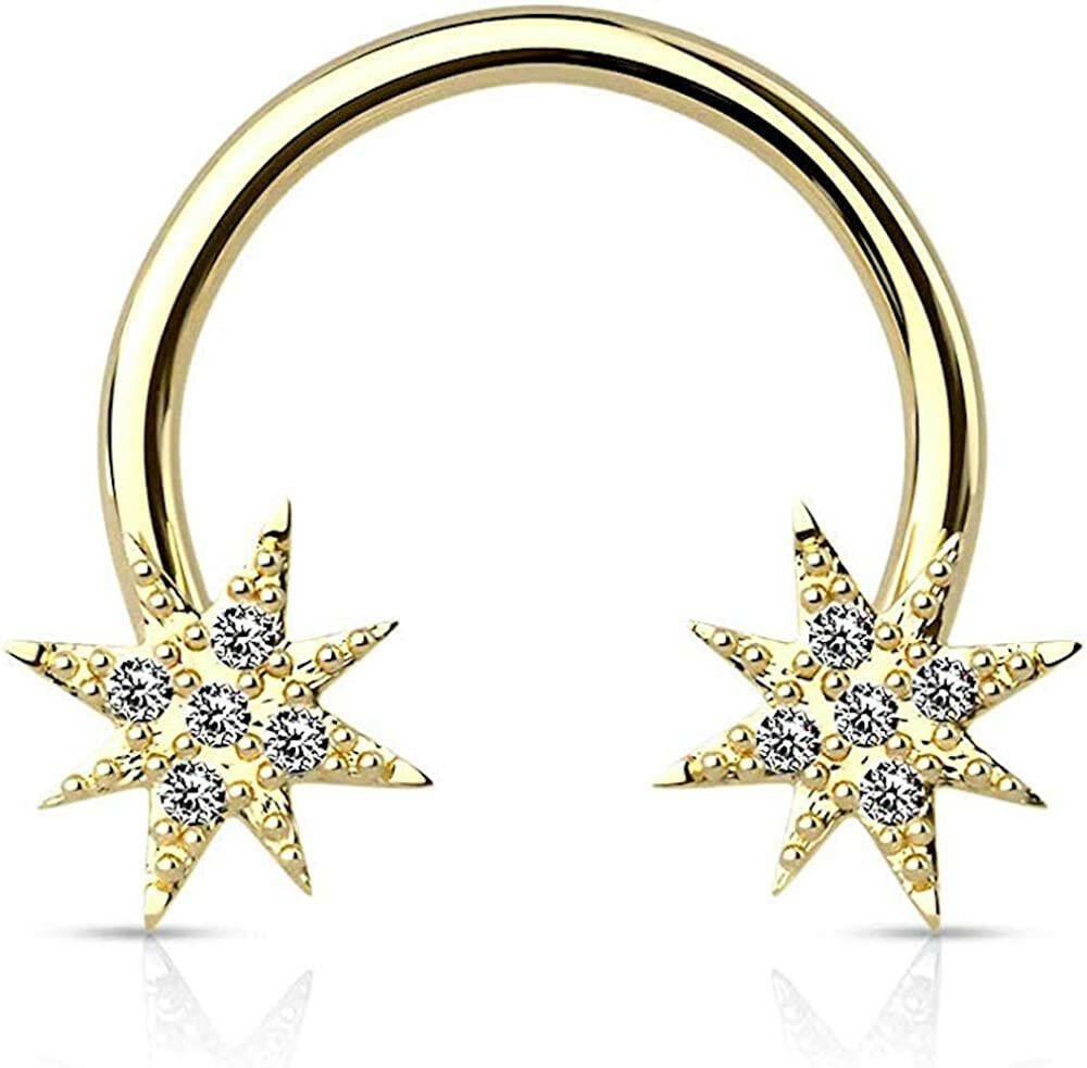 Surgical Steel Crystal Paved Starburst Ends Circular Barbell Horseshoe Circular Barbell Impulse Piercings 16GA Length: 8mm Gold