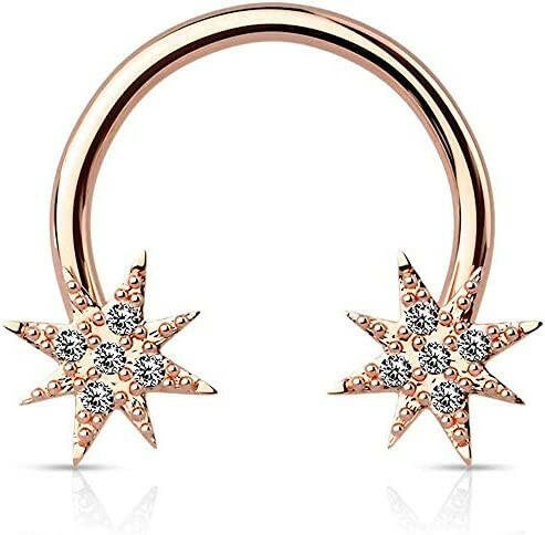 Surgical Steel Crystal Paved Starburst Ends Circular Barbell Horseshoe Circular Barbell Impulse Piercings 16GA Length: 8mm Rose Gold