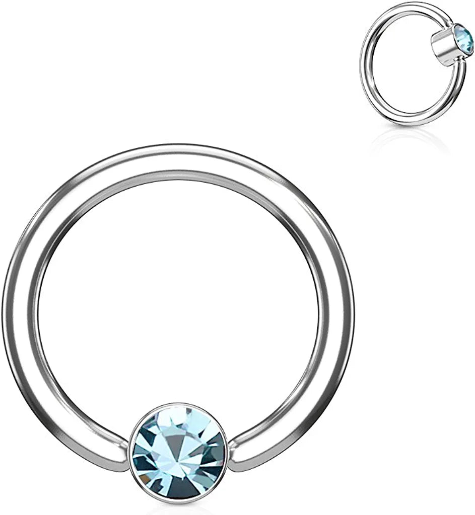 Surgical Steel Crystal Round Flat Cylinder Captive Hoop Rings Captive Bead Impulse Piercings 16GA Length: 8mm Aqua