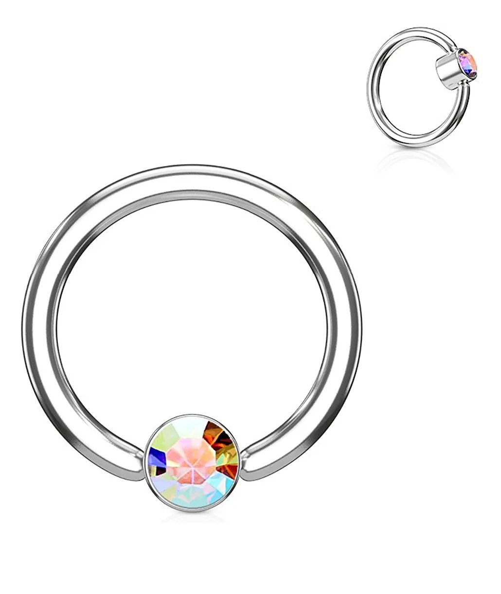 Surgical Steel Crystal Round Flat Cylinder Captive Hoop Rings Captive Bead Impulse Piercings 16GA Length: 8mm Aurora Borealis