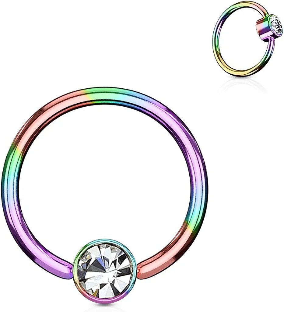 Surgical Steel Crystal Round Flat Cylinder Captive Hoop Rings Captive Bead Impulse Piercings 16GA Length: 8mm Rainbow