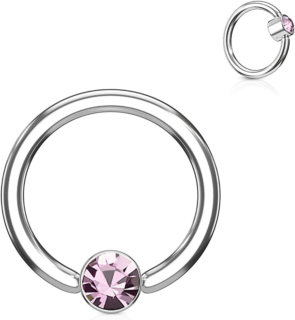 Surgical Steel Crystal Round Flat Cylinder Captive Hoop Rings Captive Bead Impulse Piercings 16GA Length: 8mm Pink