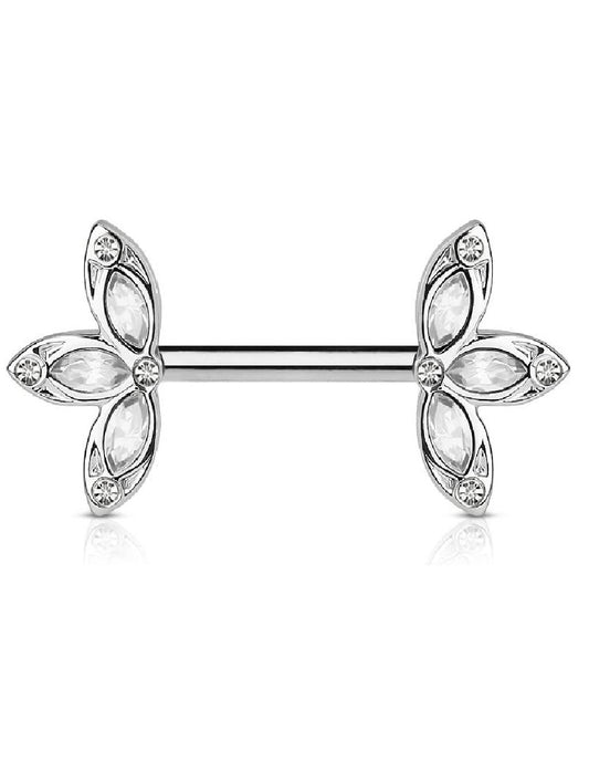 Surgical Steel Crystal Three Petal Flower Ends Nipple Barbell Rings Nipple Ring Impulse Piercings Clear