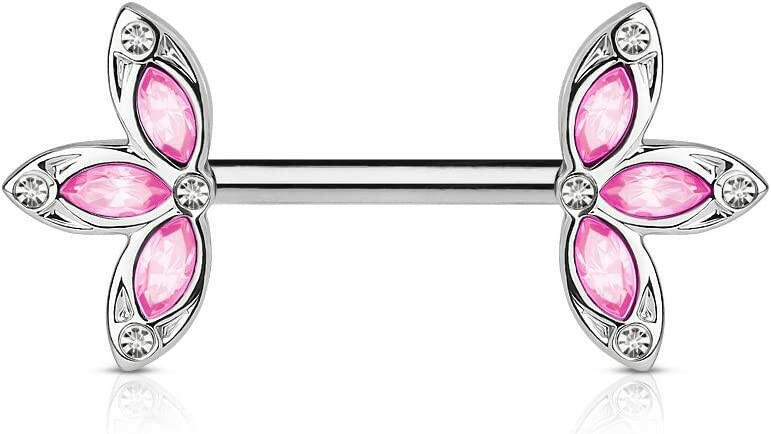 Surgical Steel Crystal Three Petal Flower Ends Nipple Barbell Rings Nipple Ring Impulse Piercings Pink