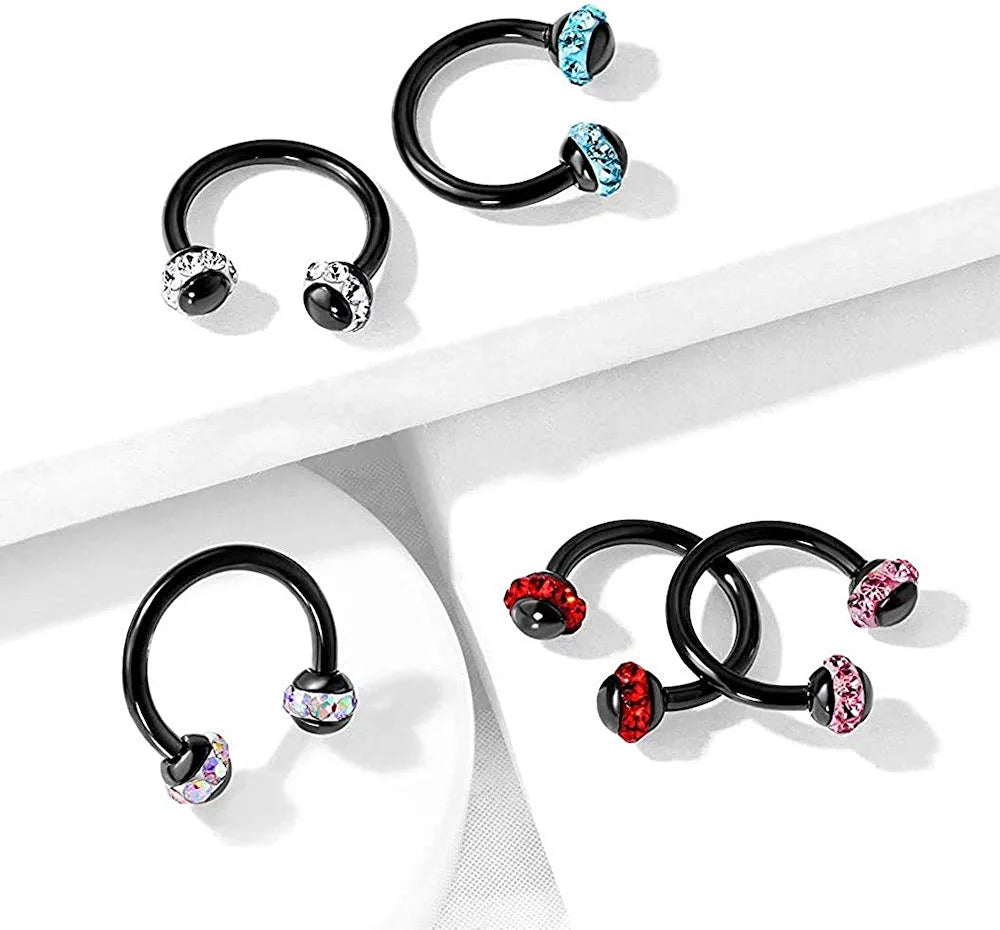 Surgical Steel Crystals Paved Around ball Black PVD Over Horseshoes for Ear Cartilage Daith Eyebrow Nose Septum Cartilage Earring Impulse Piercings