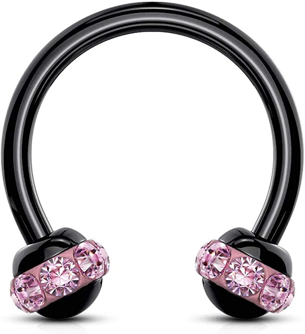 Surgical Steel Crystals Paved Around ball Black PVD Over Horseshoes for Ear Cartilage Daith Eyebrow Nose Septum Cartilage Earring Impulse Piercings Pink