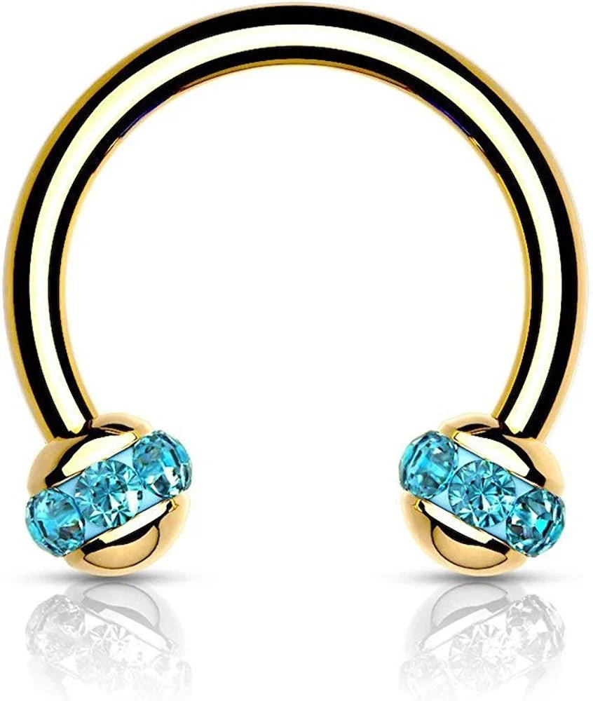 Surgical Steel Crystals Paved Around ball Gold PVD Over Horseshoes for Cartilage Daith Eyebrow Nose Septum Nose Ring Impulse Piercings Aqua