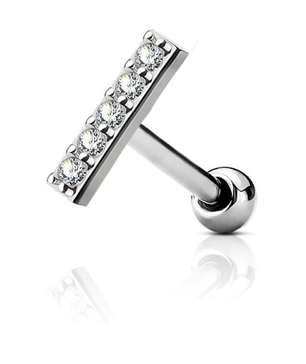 Surgical Steel CZ 9mm Lined Long Bar Top Cartilage Tragus Barbell Studs Cartilage Earring Impulse Piercings Clear